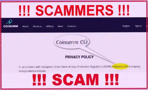 Coinumm thiefs legal entity - information from the scam website