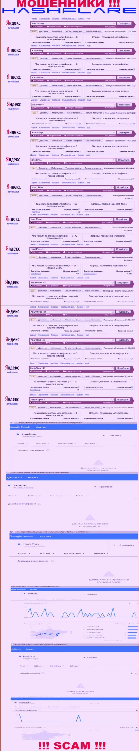 Суммарное число online запросов в поисковиках сети internet по бренду мошенников HashFlare