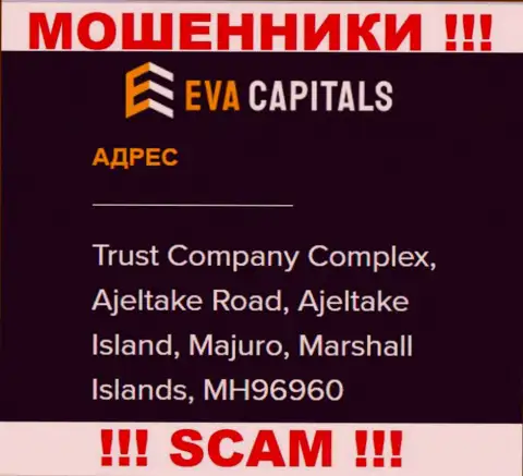 На онлайн-ресурсе EvaCapitals Com показан офшорный адрес регистрации организации - Trust Company Complex, Ajeltake Road, Ajeltake Island, Majuro, Marshall Islands, MH96960, будьте осторожны - это аферисты