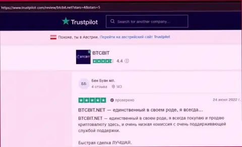 Благодарные отзывы о деятельности обменника BTCBit Net на web-сайте trustpilot com