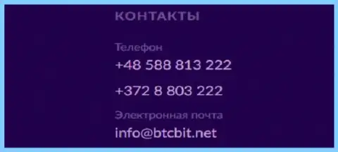Телефон и электронная почта online-обменника BTC Bit