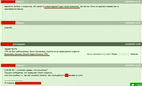 Переписка с технической поддержкой хостинг провайдера, где и хостился интернет-сайт ffin.xyz, по ситуации с блокированием сервера