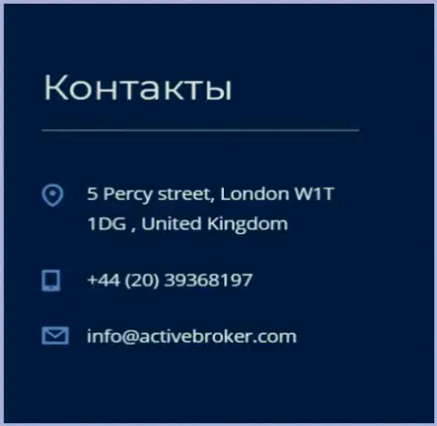 Адрес главного офиса форекс брокерской компании Актив Брокер, опубликованный на официальном сайте данного форекс ДЦ
