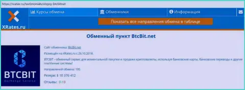 Краткая информационная справка об online-обменнике BTCBit на интернет-портале XRates Ru